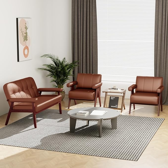 STHOUYN Brown Leather Accent Chairs Set of 2, Mid Century Modern Chair Set of 2, Side Arm Chairs for Living Room, Office Guest Waiting Room Lobby Chairs (2, Brown)