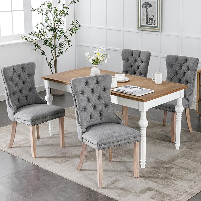 YeahFurn Grey Mid Century Modern Dining Chairs Set of 8, Linen Upholstered Kitchen & Dining Room Chairs with Nailhead Trim & Solid Wood Legs, Elegant Sillas De Comedor (Grey, 8 Pcs)