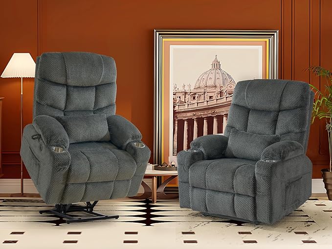 CDCASA Oversized Dual Motor Lay Flat Power Lift Recliner Chair with Massage, Heat Textile Infinite Position Large Recliner Chairs for Big Men & Elderly, Lumbar Pillow, USB & Type-C Ports,2PCS, Grey
