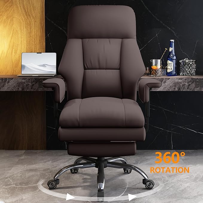 WXJHL Office Chair with Leg Rest, Leather High Back Executive Office Chair with Wheels, Ergonomic Desk Chairs with Lumbar Support for Home Office, Brown