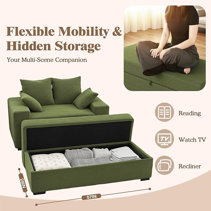 Indoor Chaise Lounge Chair with Storage Ottoman, Modern 60-Inch Lounge Sofa Chair with Wide Armrests & 4 Pillows, Oversized Comfy Reading Lounger for Living Room, Bedroom（Medium-Rib Corduroy Green）