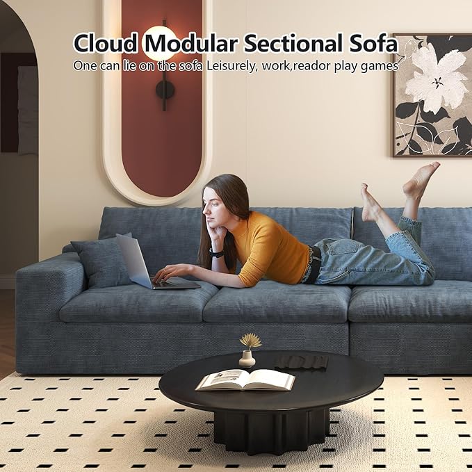 136.6'' U-Shaped Modern Modular Sectional Cloud Couch Whit Ottoman, 4-Seat Chenille Deep-Seat Sofa with Pillow for Living Room, Bedroom, Apartment, Ocean Blue