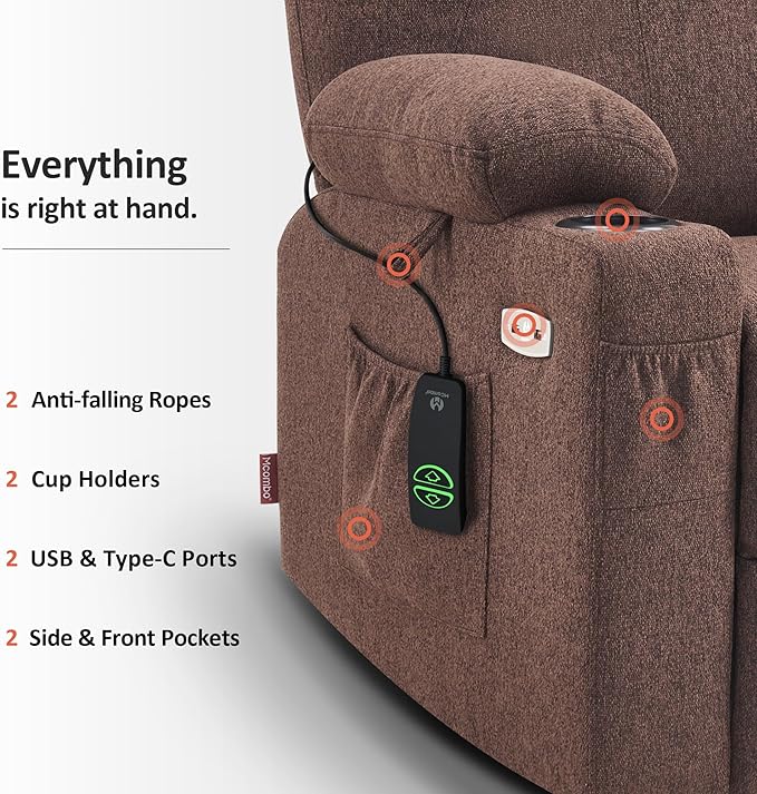 MCombo Small Power Lift Recliner Chair Sofa with Massage and Heat for Petite Elderly, 3 Positions and USB Ports, Extended Footrest, Fabric 7141 (Coffee)