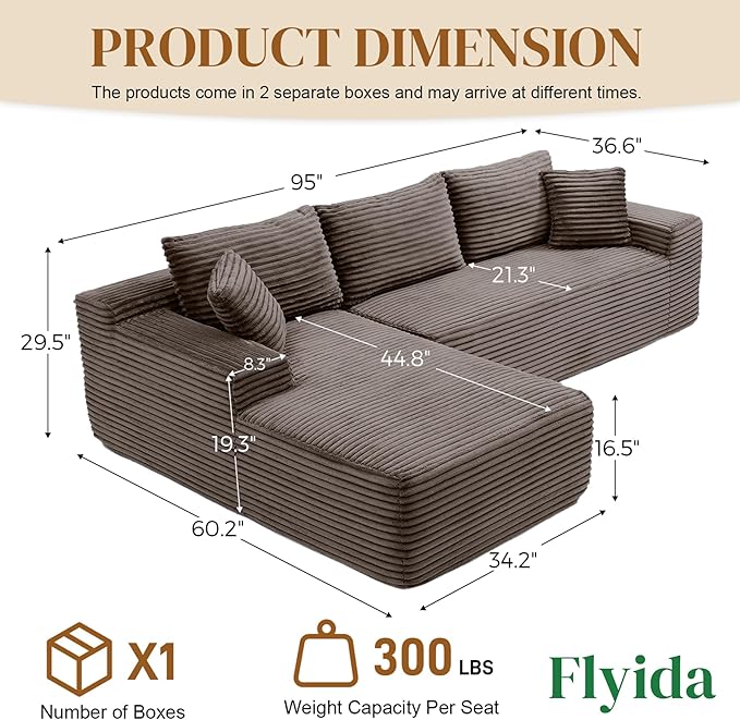 95" Boneless Cloud Sectional Couches for Living Room, Comfy Fluffy L Shaped Memory Foam Deep Seat Boneless Couch, Modular Sectional Sofa with Left Facing Chaise, Brown