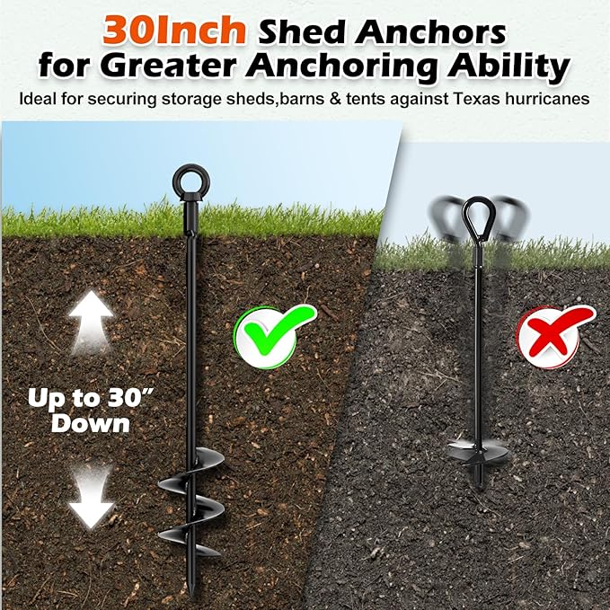 30" Ground Anchors Shed Anchors Kit with 3/16" 75FT Galvanized Cable & M6 304 Stainless Steel Turnbuckles, Heavy Duty Earth Anchors for Sheds Trees Trampoline Greenhouse Swing Set Tent, 6Pack Black