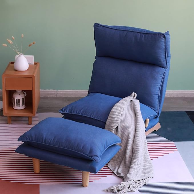Floor Chair Single Lazy Sofa Leisure Balcony Reclining Japanese Tatami Adjustable Recliner with Ottoman for Living Room, Bedroom, Indoor Use (Stacked Footstool, Blue)