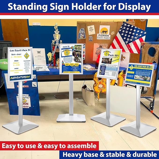 VAIIGO Pedestal Sign holder Stand 8.5x11inch Adjustable Standing Floor Sign Stand with Heavy Base & Snap Frame Display Stand for Indoor Outdoor Business Store Sign Holder Poster Stand (Silver)