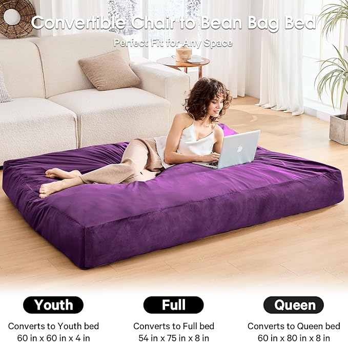 Bean Bag Chairs for Adults - Giant Bean Bag Chair Convertible Bean Bag Bed - Beanbag Chair with Micro Fiber Cover/Furniture Foam Filler - Floor Couch Sofa in Bedroom Dorm Room - Queen Purple