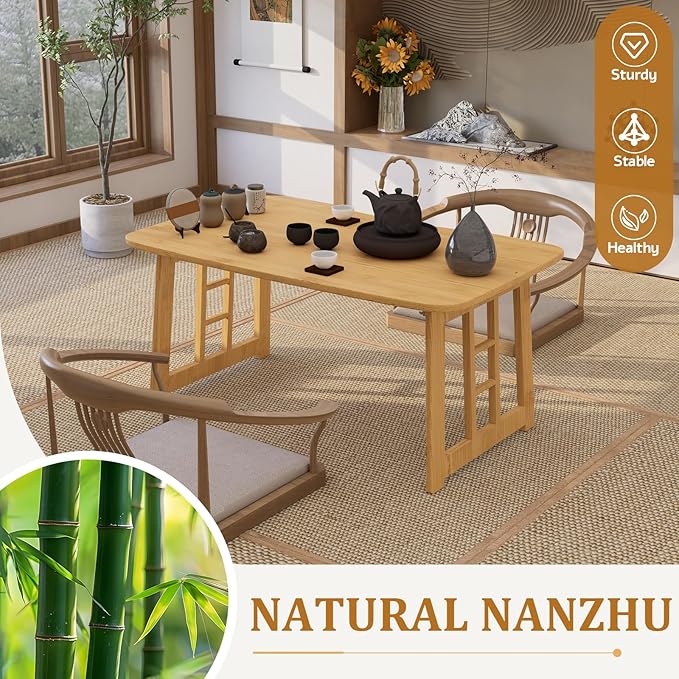 Folding Coffee Table, Foldable Japanese Floor Low Table Small Coffee Tables for Sitting On The Floor, No Assembly Portable Tea Table for Living Room Meditation Tea Room Tatami Zen Dining (Wood)