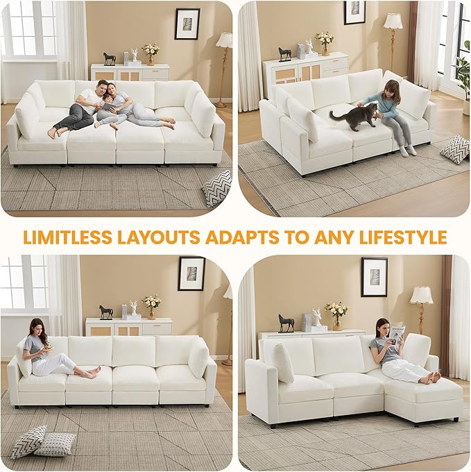 89'' Modular Sectional Cloud Sofa Bed, 6-Seater Convertible Sofa Couch with Ottoman, Modern Deep Seat Sleeper Sofa for Living Room, Chenille Beige