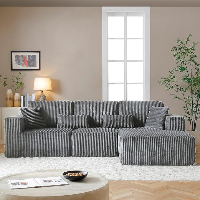 108" Boneless Cloud Sectional Couches for Living Room, Comfy Fluffy L Shaped Memory Foam Deep Seat Boneless Couch, Modular Sectional Sofa with Right Facing Chaise, Dark Grey