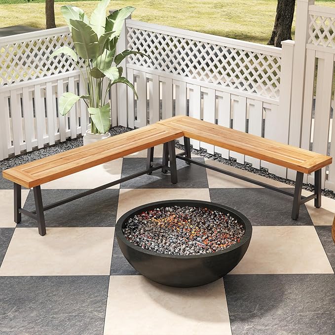RELAX4LIFE 63’’ Outdoor Bench Acacia Wood - 3-Person Backless Patio Benches with Heavy Duty Metal Frame, Wooden Picnic Dining Garden Bench for Outside Backyard Park Porch, 800 LBS Weight Capacity (1)