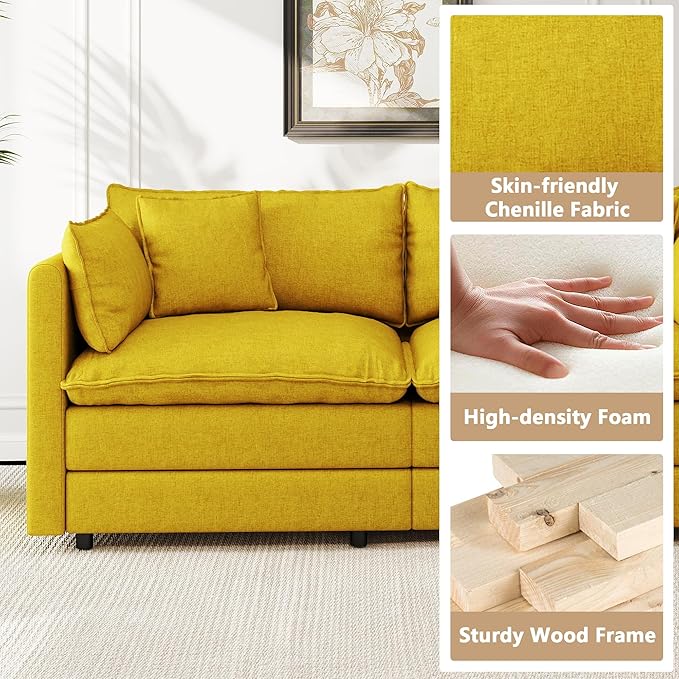 Aoowow Modular Sectional Sofa Modern Convertible L Shaped Couch,111.5 Inch Deep 3-Seater Sofas Set Comfy Chenille Cloud Sofas and Couches with Movable Ottoman for Living Room Apartment（Yellow）