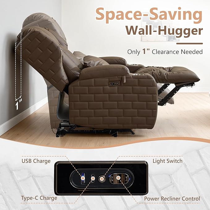 Wall Hugger Power Recliner Chair with Heat and Massage, Overstuffed Reclining Sofa Chair for Living Room Home Theater RV with 3-Side LED Lights/Cup Holders/USB & Type C Port (Coffee)