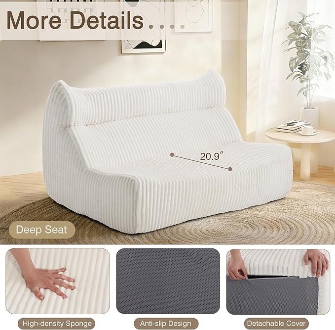 Big Bean Bag Chairs, Lazy Floor Sofa, Fireside Chair for Living Room, Bedroom, Office (White, Loveseat)