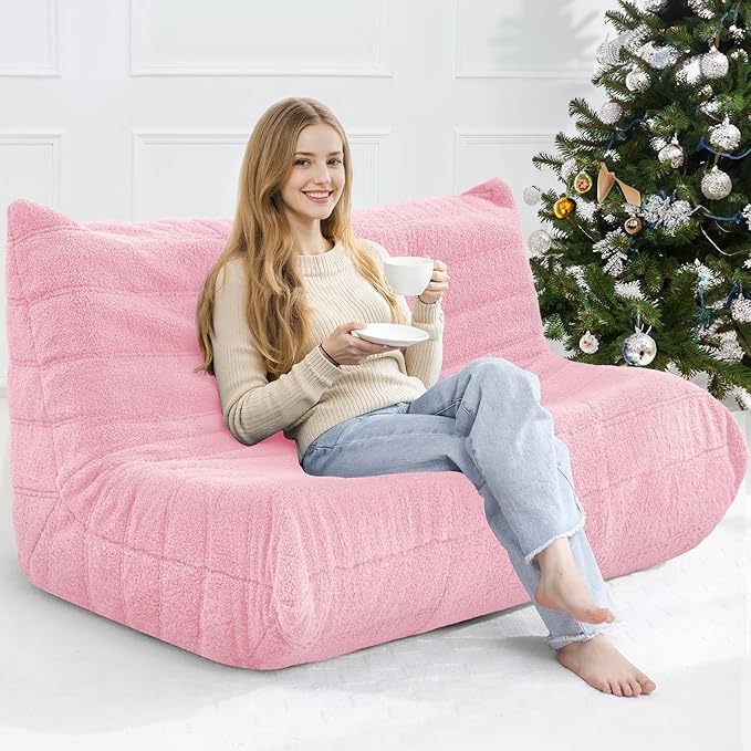 Bean Bag Loveseat Chair Big Sofa Beanbag Chair for Adults Fireside Chair Bean Bag Lounger with Memory Foam Filled for Home,Apartment or Gaming Venue（Pink Teddy）