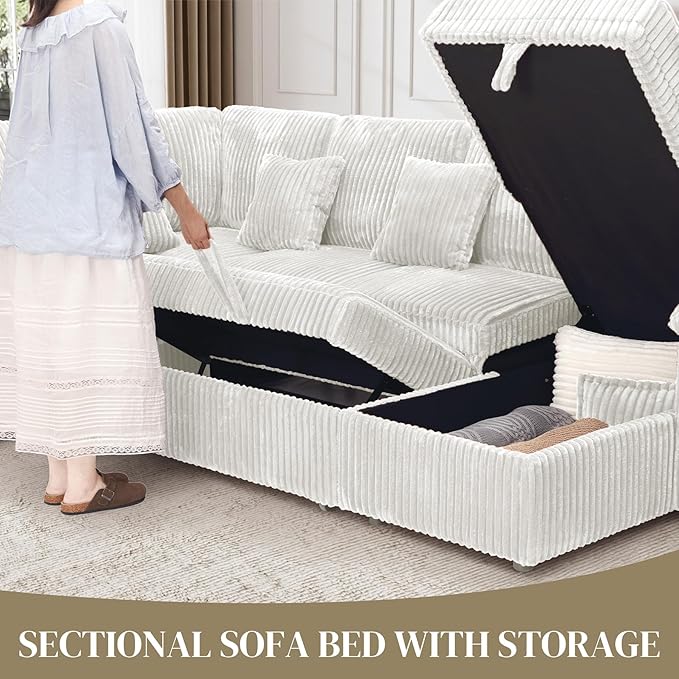 Modular Sectional Sleeper Sofa with Pull Out Bed, Storage Chaise & USB Charging, U Shaped Plush Corduroy Beige Sectional Couches for Living Room, Comfy Convertible 7 Seat Cloud Sofa Bed, Beige