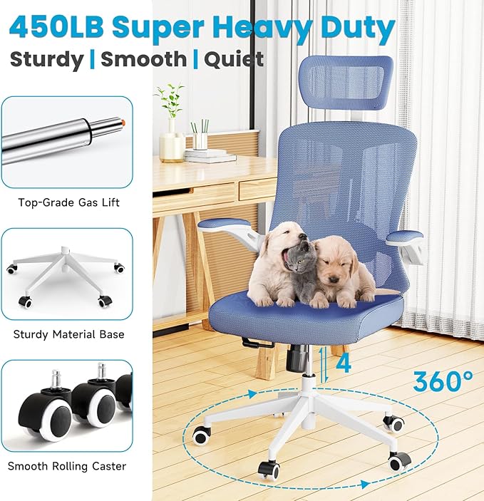 Ergonomic Office Chair - 400LB Comfy Desk Chairs with Adjustable Headrest and Lumbar Back Support, Mesh Computer Chairs with Wheels and Arms for Home Office, Study (Blue-with Headrest)