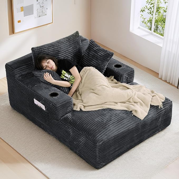 50"W x 68"D Oversized Chaise Lounge Chair Indoor Boneless Reading Chair Plush Corduroy Recliner with Cup Holders Large Deep Seat Comfy Sofa Bed Couch with 3 Pillows for Living Room Bedroom, Dark Gray