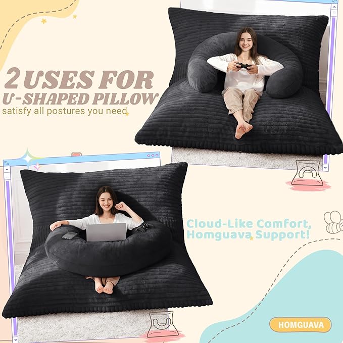 Homguava Giant Bean Bag Chair for Adults with Pillow, 4 in 1 Convertible Floor Cushion for Adluts, Memory Foamed Bean Bag Lounger with Washable Cover for Living Room, Bedroom