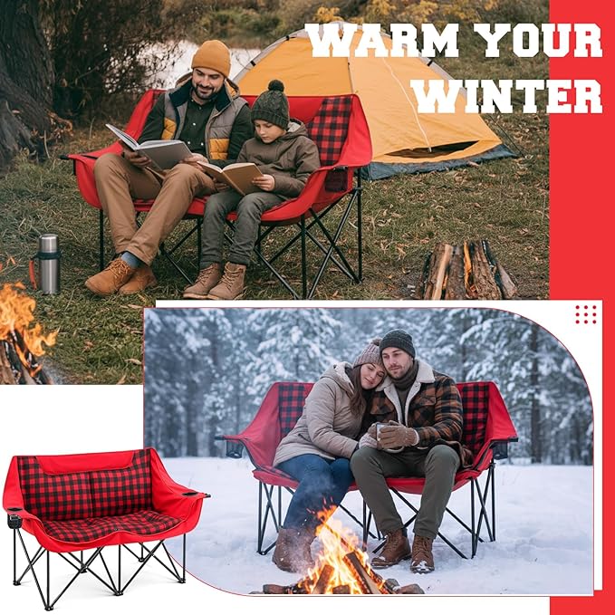 Double Camping Chairs Padded Loveseat Chair for 2 Person, Heavy Duty Oversized Camping Couch for Adults Outdoor Lawn Beach, Portable Folding Sofa with Cup Holders and Carry Bag