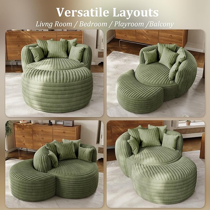 50" W Oversized Round Chaise Lounge Chair with Ottoman Indoor Boneless Plush Fluffy Corduroy Circle Couch Soft Comfy Cozy Cloud Reading Chair for Living Room, Playroom, Bedroom - Green
