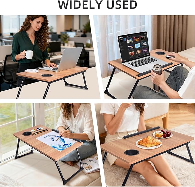 Adjustable Wooden Lap Desk with Flexible Stand, Natural Oak Color, Portable Workstation with Cable Management, Ergonomic Design for Home Office (Wood)
