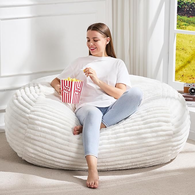 Hobestluk 3FT Bean Bag Chairs Adult Bean Bag with Portable Handle Comfy Large Bean Bag Chair with Removable Cover for Living Room Bedroom or Reading Nook (Stripe White, 3FT)