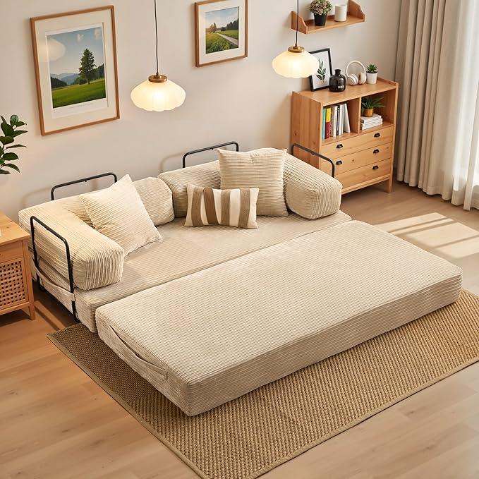 4-in-1 Folding Sofa Bed, 78" Oversized Corduroy Sleeper Chair, Convertible Loveseat to Floor Bed with Storage Pockets, Boneless Design for Living Room, Bedroom & Small Spaces
