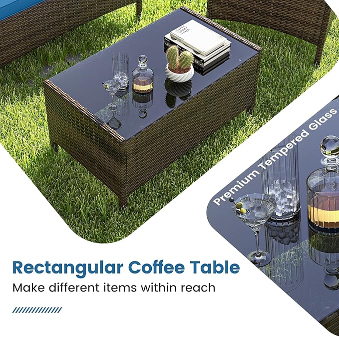 RELAX4LIFE 8-Piece Patio Furniture Set - Rattan Outdoor Conversation Bistro Set w/Cushions, Glass Coffee Table, Wicker Chairs & Loveseat for Garden Backyard Porch, Balcony Furniture Set (2, Peacock)