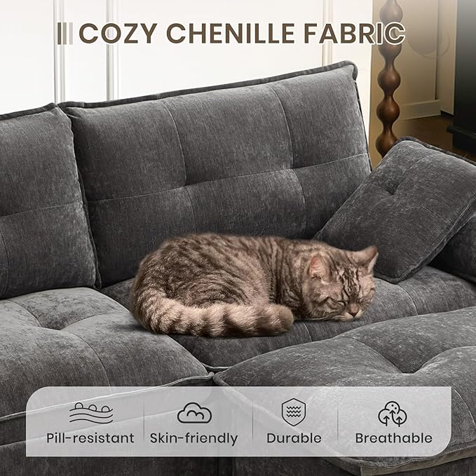 PALLOME 82" Deep Seat Comfy Cloud Couch, Modular Sectional Sofa with Movable Ottoman, L Shaped Chenille Sofa for Small Space, Modern Apartment Living Room & Office (Light Grey, 2-Seat + Ottoman)