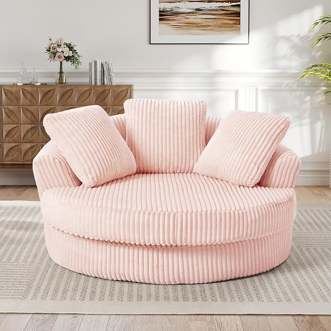 61"W Oversized Round Chaise Lounge Chair Indoor, Upholstered Corduroy Large Circle Boneless Chair with Deep Seat, No Assembly Required, Modern Comfy Cloud Sofa Chairs for Living Room, Bedroom(PInk)