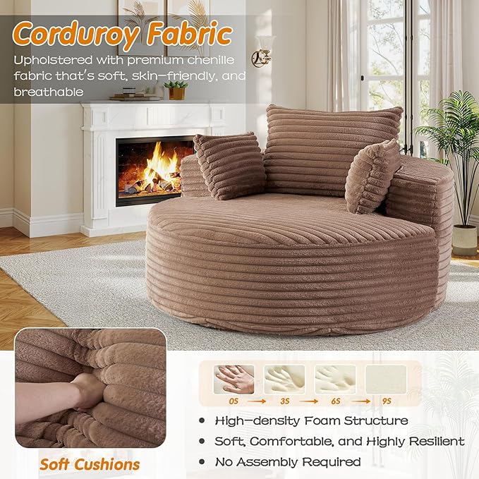 55"W Oversized Round Chair Lounge Chaise Indoor, Upholstered Comfy Circle Sofa Armchair, Modern Cozy Boneless Foam Floor Reading Chair for Living Room, Bedroom, No Assembly Required(Corduroy, Brown)