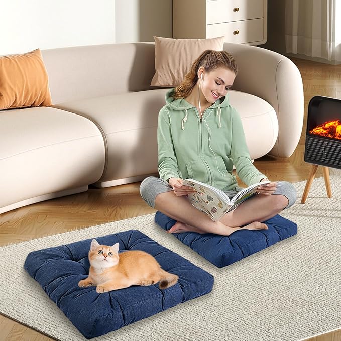 LYLNBYWK Meditation Floor Cushions, Thickened Floor Pillow for Adults, Large Square Pillows Seat Cushion for Tatami Living Room Yoga, Memory Sponge Block Added, 22x22 Inch, Drak Blue