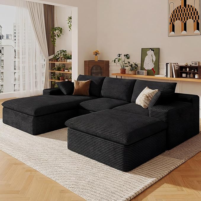 107" Cloud Sectional Couch with U-Shaped Chaise,Corduroy Viral Boneless Sofa with Ottoman,Memory Foam Couches in a Box with Deep Seat for Living Room,No Assembly Required (Black,Left-Facing Chaise)