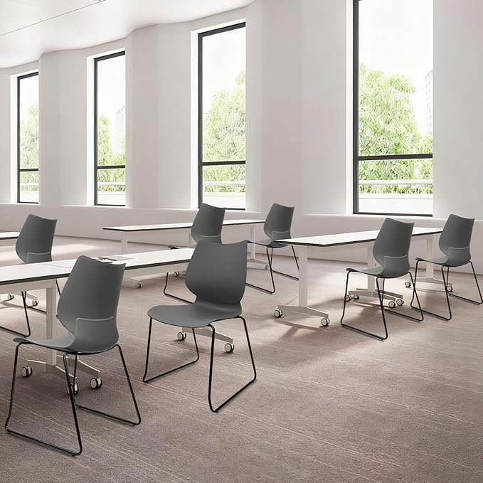 Stacking Waiting Room Chairs, Stacked Plastic Office Chair with Ergonomic Lumbar Support and Metal Legs for Conference School Church Guest Reception Set of 12, Grey
