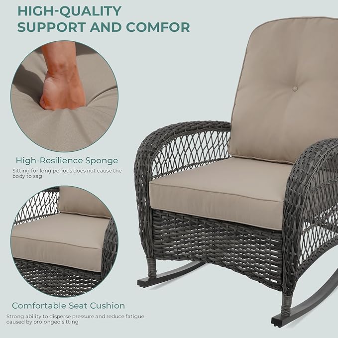 Sgentle Wicker Rocking Chair Set of 2, 3-Piece Outdoor Patio Rocker Chair with Cushions & Steel Frame, All-Weather Outdoor Rattan Rocking Chair for Lawn Porch Garden (Brown, Style 3)
