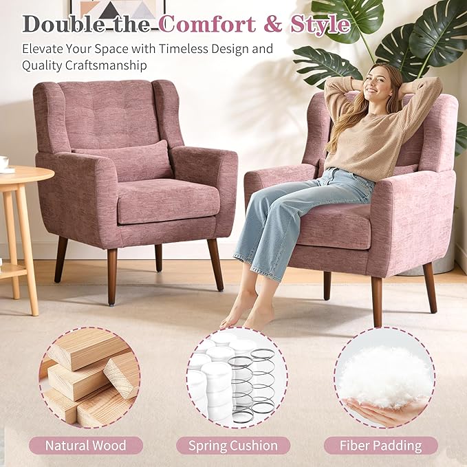 QKFF Accent Chair Set of 2, Upholstered Armchair with Pillow, Fabric Single Sofa Chair with Lounge Seat and Wood Legs Accent Chair for Living Room Small Spaces (Purple, Set of 2)