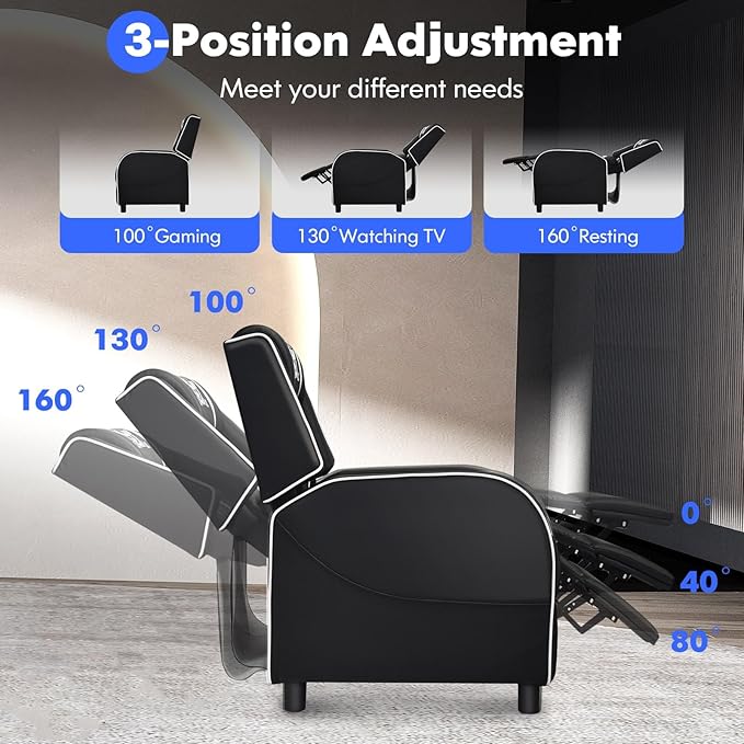 GYMAX Gaming Recliner, Massage Gaming Chair w/Adjustable Footrest, Remote Control & Side Pocket, Ergonomic Game Lounge Chair, Racing Style Single Theater Seat Game Sofa for Adults (White)