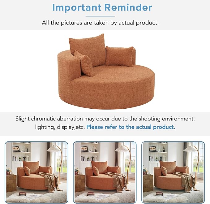 Merax 360° Swivel Chair, Chenille Fabric Accent Barrel Chair, Swivel Round Sofa Chair with 3 Removable Pillows for Living Room, Bedroom, Office and Hotel, Red