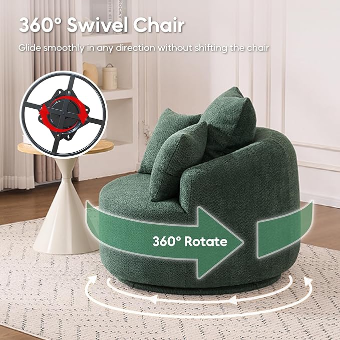 Yoglad 38.58'' Swivel Round Chair, Comfy Boucle 360° Accent Chair with Thick Cushion, Oversized Modern Single Sofa with 3 Pillows, Soft Armchair for Nursery, Living Room, Bedroom, Office (Green)