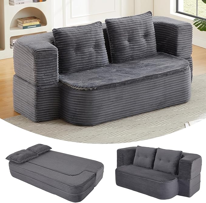 78.4" Convertible Sleeper Sofa Bed, Floor Couch Loveseat with Functional Blanket and 2 Soft Pillows,Corduroy Fabric Boneless Futon Couch for Living Room,Bedroom,Apartment (Dark Grey)