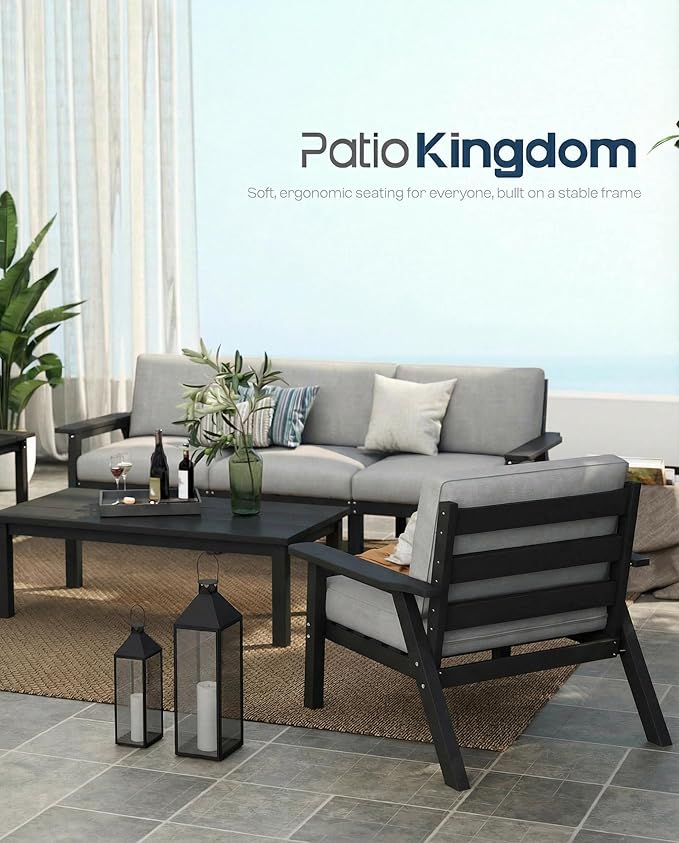 Patio Kingdom Patio Furniture Set 7 Seats, HDPE Outdoor Sectional with Gray Washable Thick Cushions, Coffee Table, Patio Conversation Sets for Lawn, Garden, Porch, Balcony, Deck (Black Frame)