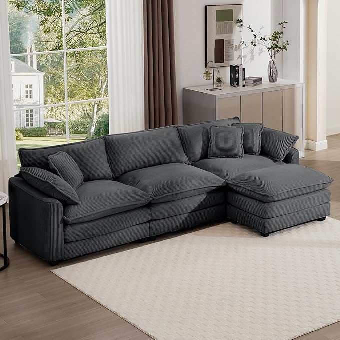 Aoowow Corduroy 3 Seater Cloud Couch with Ottoman,Modern Cloud Couches for Living Room,Modular Sectional Cloud Sofas with Deep Seat,Oversized Tufted L-Shaped Sofa Set. (Grey, 3 Seater + 1 Ottoman)