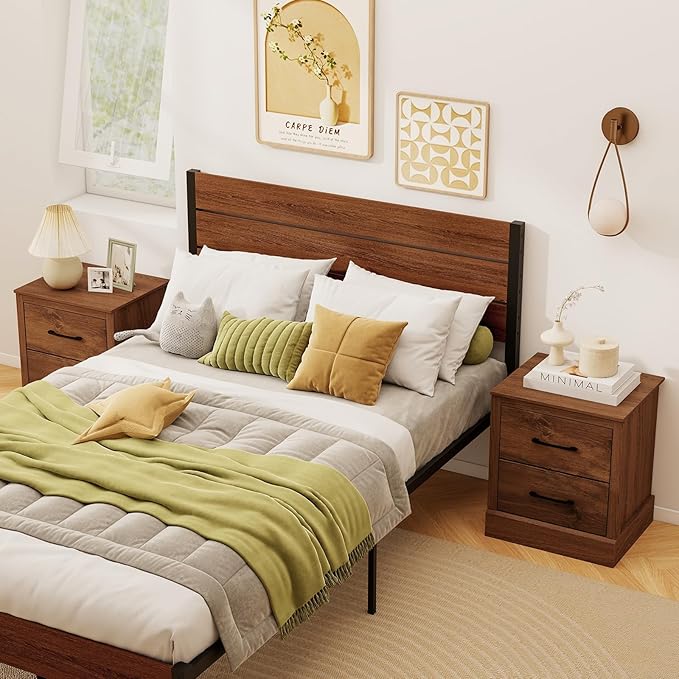 SIMOE Walnut Farmhouse Nightstand Set of 2, Wooden Bedside Table with 2 Storage Drawers, Compact Floor-Standing Night Stand, Accent Sofa Side Table for Bedrooms