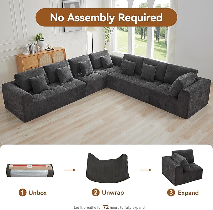 140''Cloud Boneless Couches for Living Room, Modular Sectional Compressed Sectional Sofa, Oversized L Shaped 7 Seater Upholstered Memory Foam Sofa, No Assembly, Chenille Grey