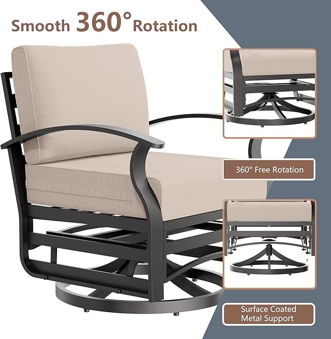 RTDTD Aluminum Outdoor Patio Furniture Set,4 Pieces 5 Seats Patio Conversation Sets with 45" Propane Fire Pit Table,Metal Patio Sectional Furniture Set with 2 Swivel Rocking Chairs,Sand