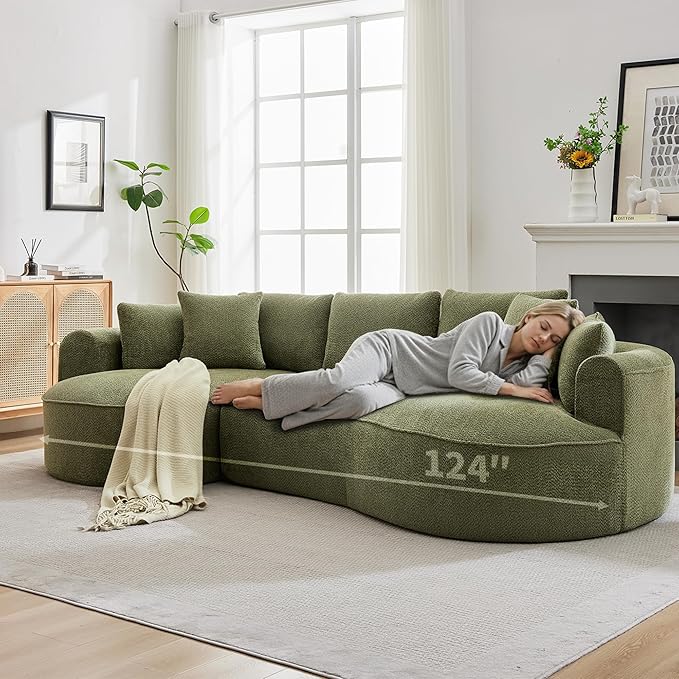Opiesit 124" Oversized Boneless Couches for Living Room, Sectional Curved Sofa with 7 Pillows, L-Shape Boneless Couch with Deep Seat, High-Density Memory Foam, No Assembly Required, Chenille (Green)