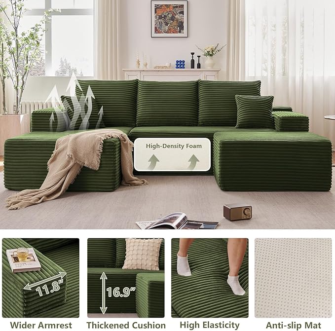 Lakifun 107" L-Shape Sofa with Ottoman, Modern Modular Sectional Comfy U-Shape Cloud Couch, Deep Seat, Upholstered Corduroy Sleeper Chaise Longue for Living Room Bedroom, No Assembly Required, Green