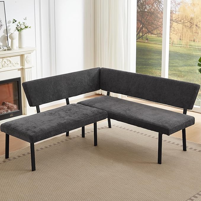 Modern L-Shaped Dining Bench, 67 Inch Fabric Upholstered Corner Sofa with Metal Legs for Kitchen Nook, Living Room, Dining Room (Grey)